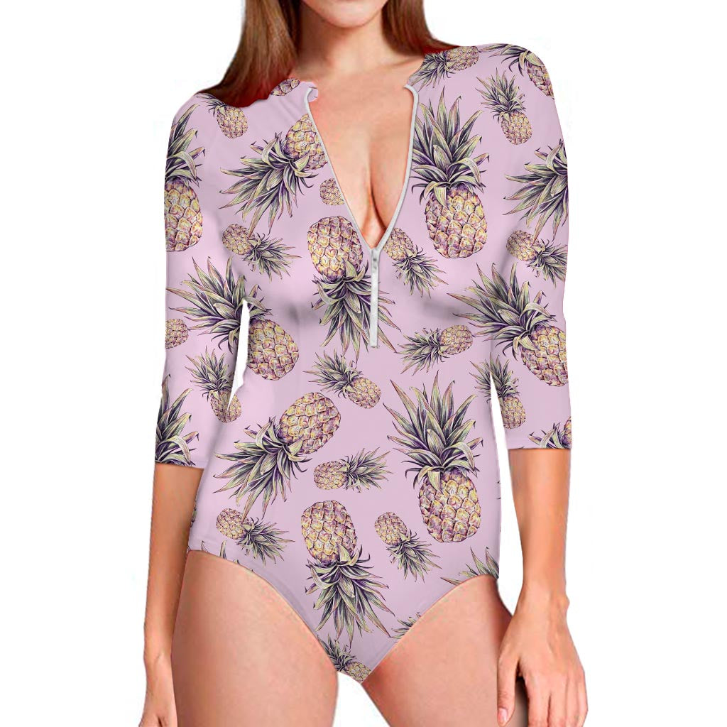 Pink Vintage Pineapple Pattern Print Long Sleeve Swimsuit