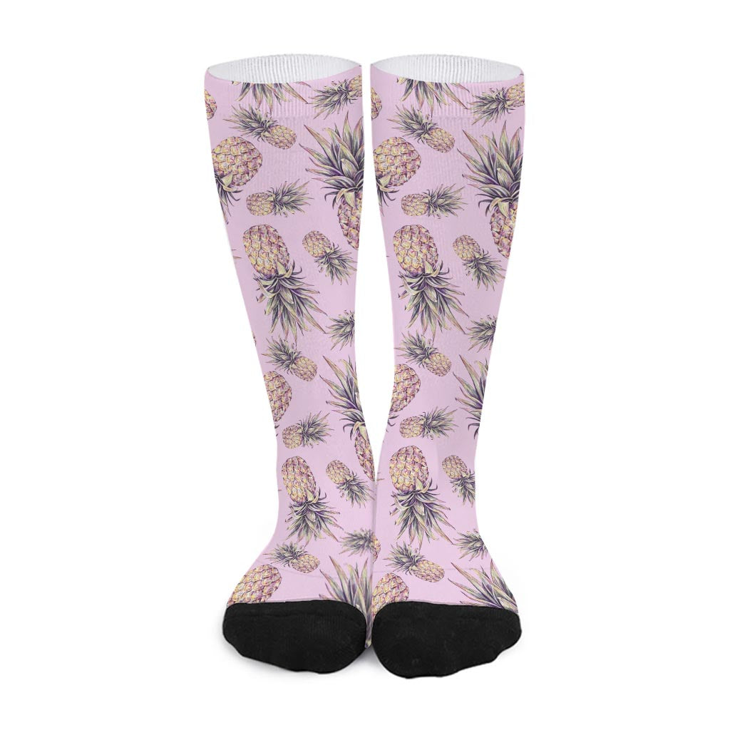 Pink Vintage Pineapple Pattern Print Long Socks