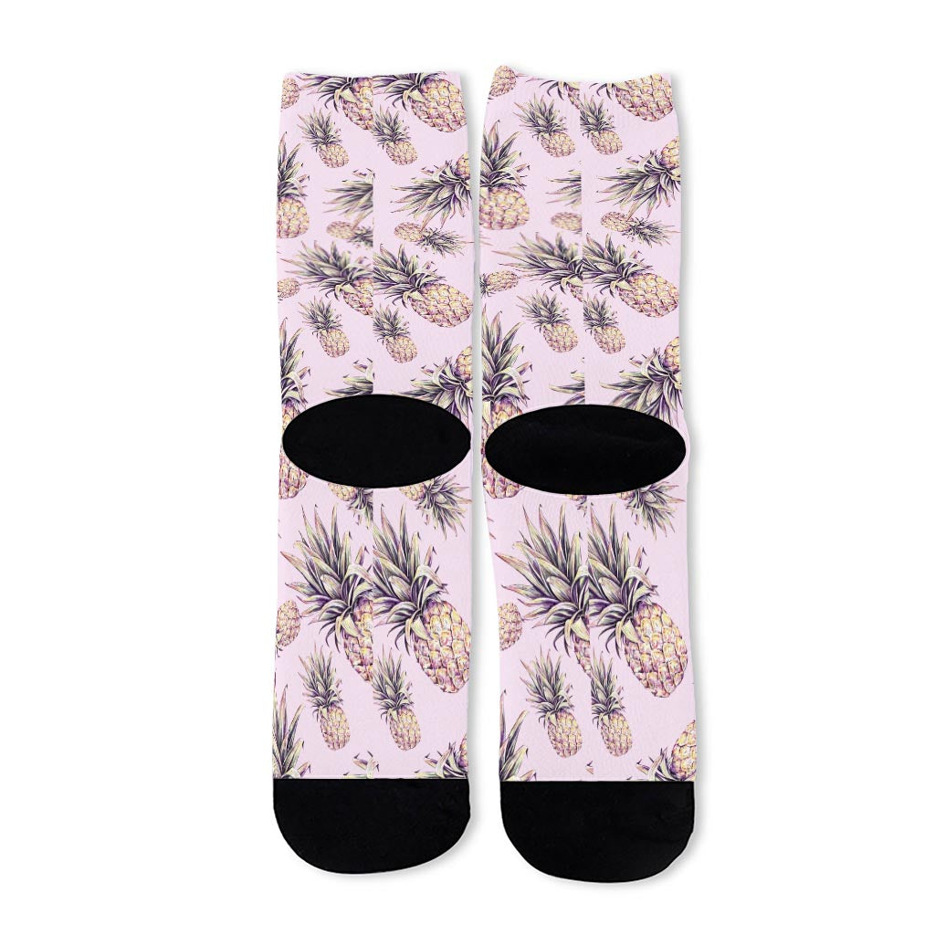 Pink Vintage Pineapple Pattern Print Long Socks