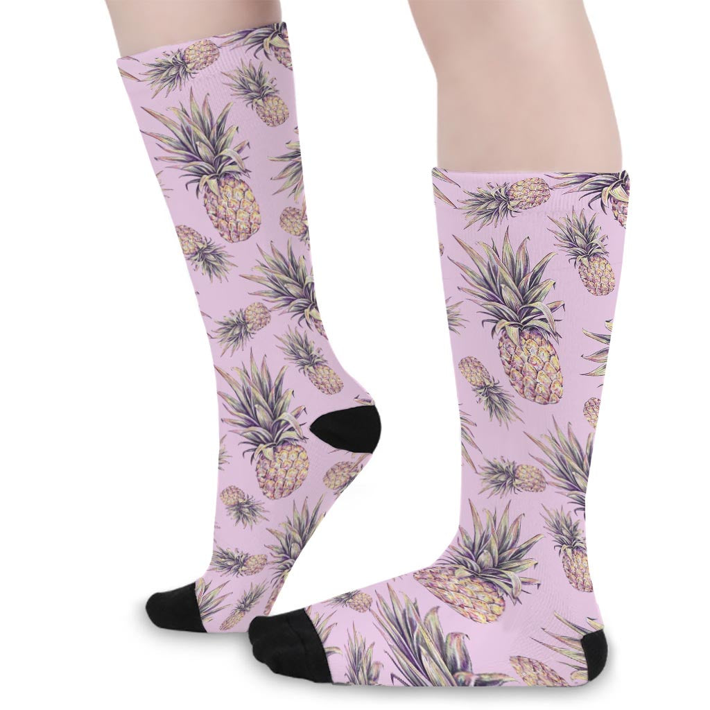 Pink Vintage Pineapple Pattern Print Long Socks