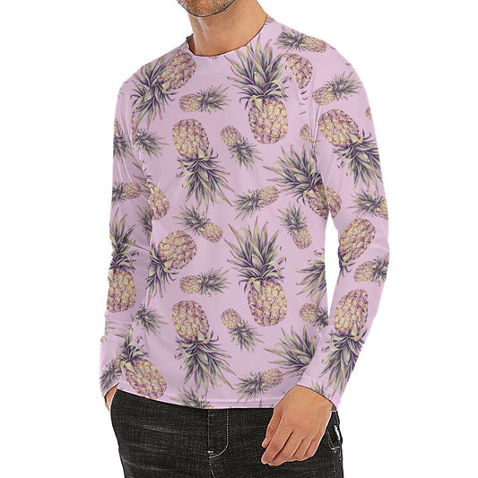 Pink Vintage Pineapple Pattern Print Men's Long Sleeve Rash Guard