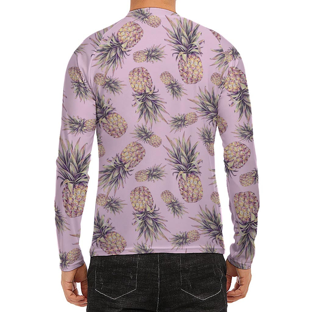 Pink Vintage Pineapple Pattern Print Men's Long Sleeve Rash Guard