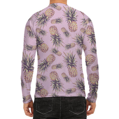 Pink Vintage Pineapple Pattern Print Men's Long Sleeve Rash Guard