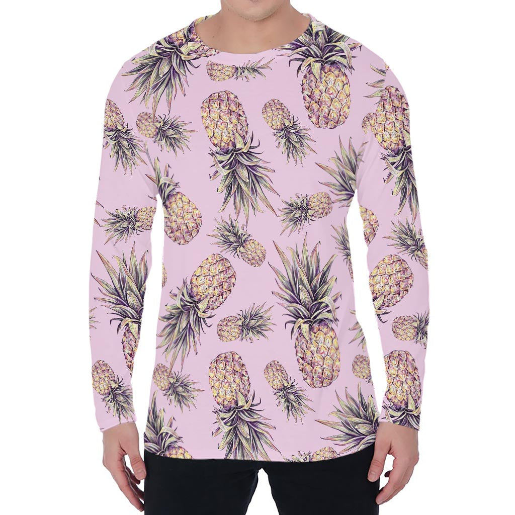 Pink Vintage Pineapple Pattern Print Men's Long Sleeve T-Shirt