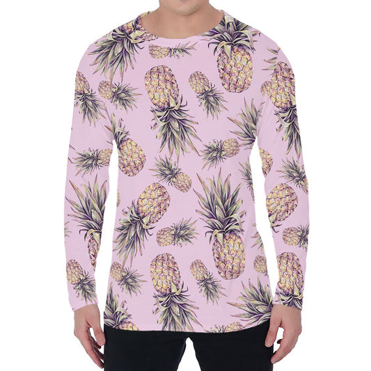 Pink Vintage Pineapple Pattern Print Men's Long Sleeve T-Shirt