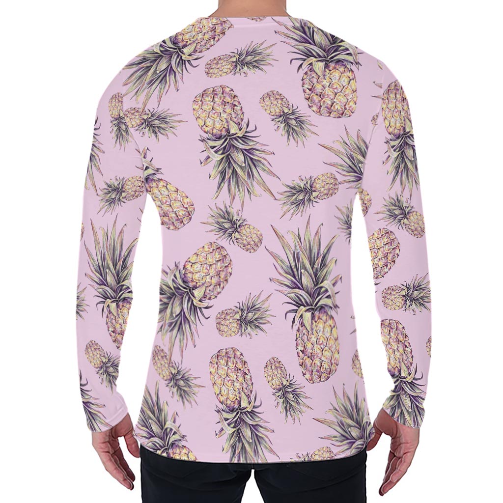 Pink Vintage Pineapple Pattern Print Men's Long Sleeve T-Shirt