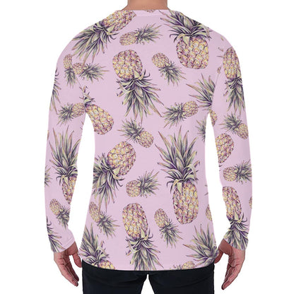 Pink Vintage Pineapple Pattern Print Men's Long Sleeve T-Shirt