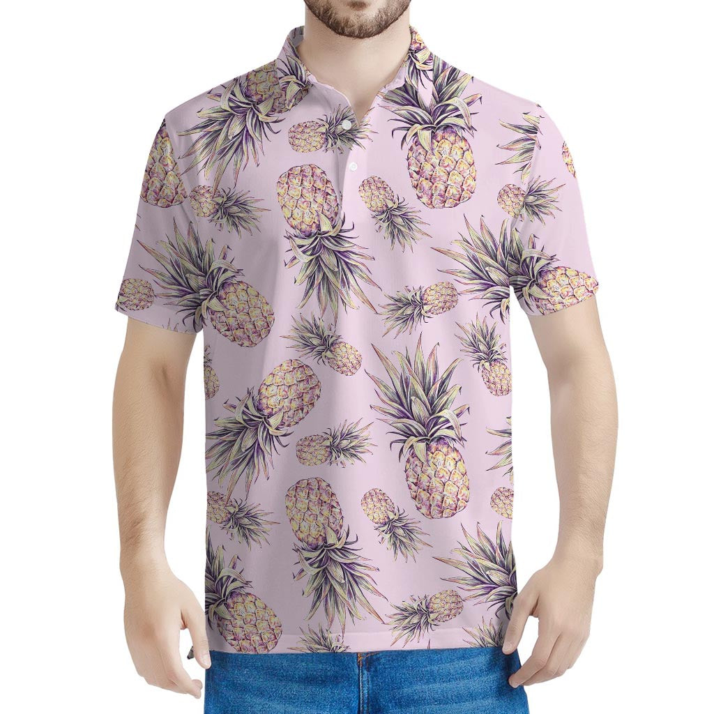Pink Vintage Pineapple Pattern Print Men's Polo Shirt