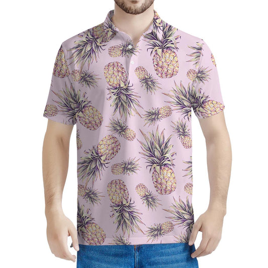 Pink Vintage Pineapple Pattern Print Men's Polo Shirt