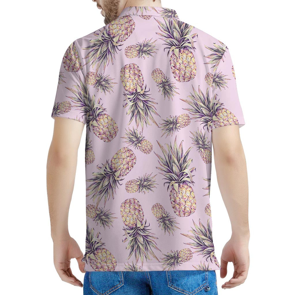 Pink Vintage Pineapple Pattern Print Men's Polo Shirt