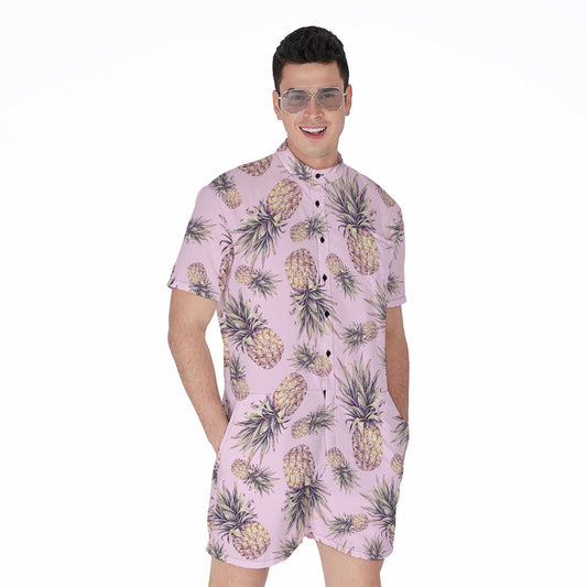Pink Vintage Pineapple Pattern Print Men's Rompers