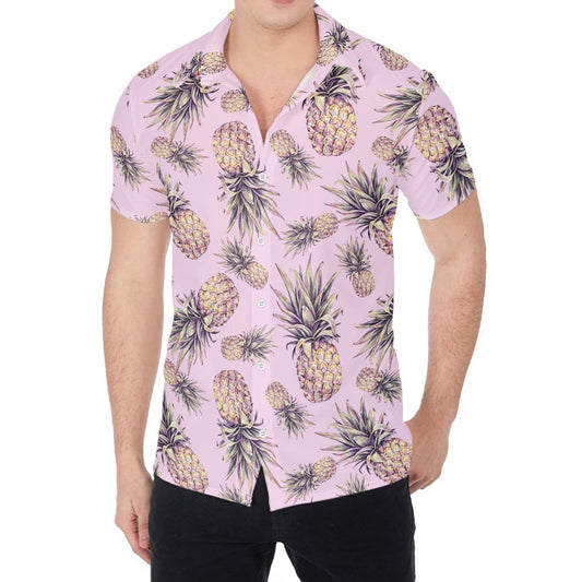 Pink Vintage Pineapple Pattern Print Men's Shirt
