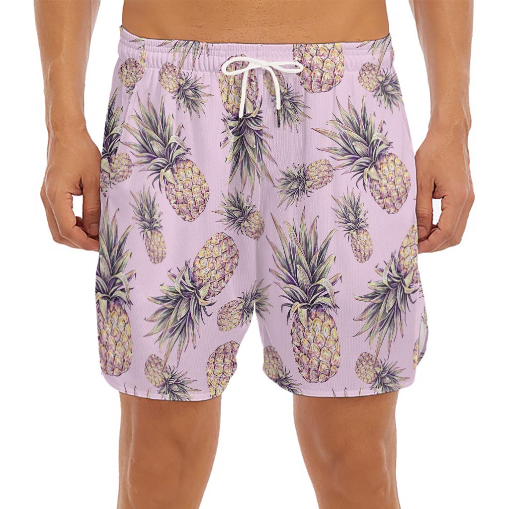 Pink Vintage Pineapple Pattern Print Men's Split Running Shorts