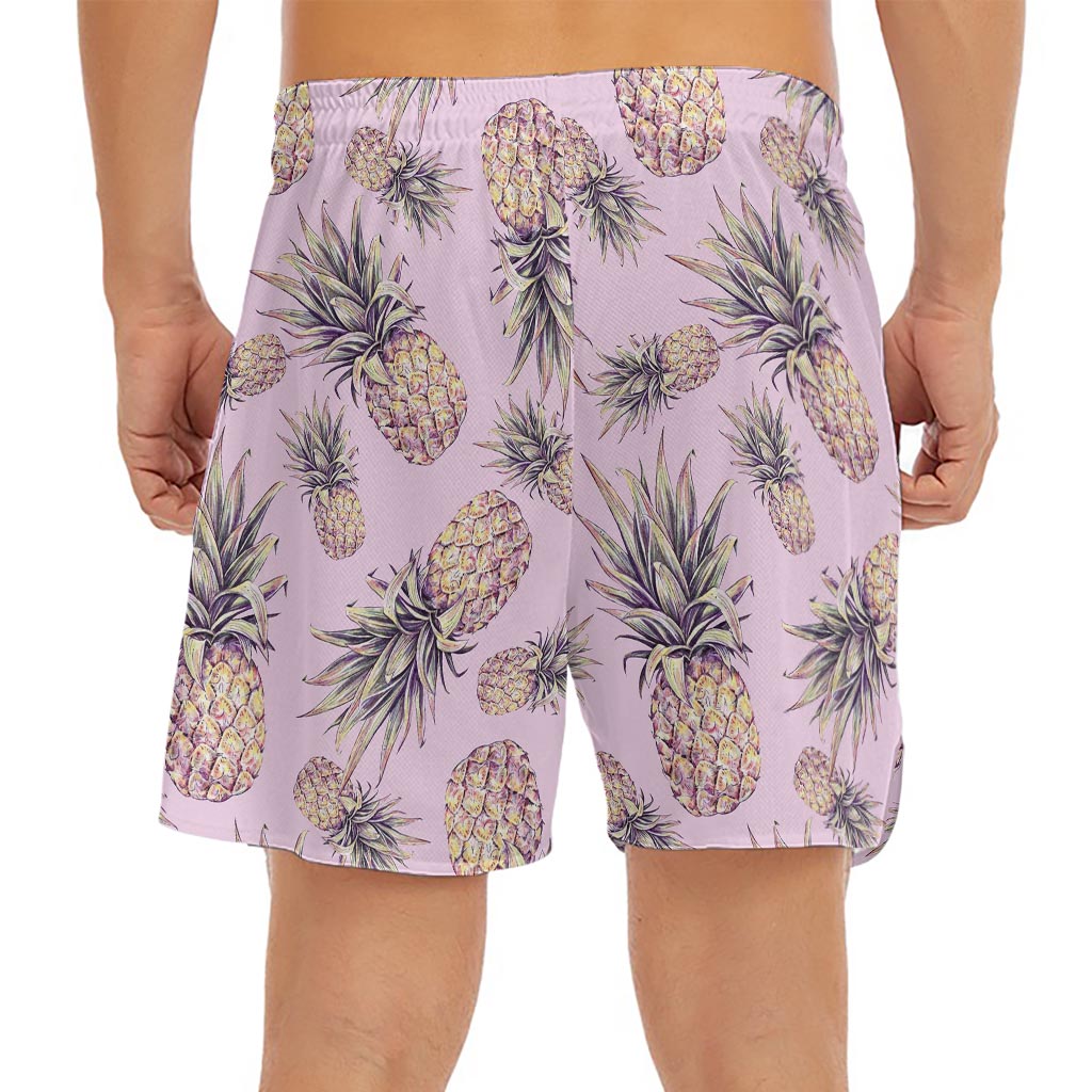 Pink Vintage Pineapple Pattern Print Men's Split Running Shorts