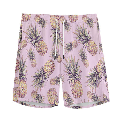 Pink Vintage Pineapple Pattern Print Men's Sports Shorts