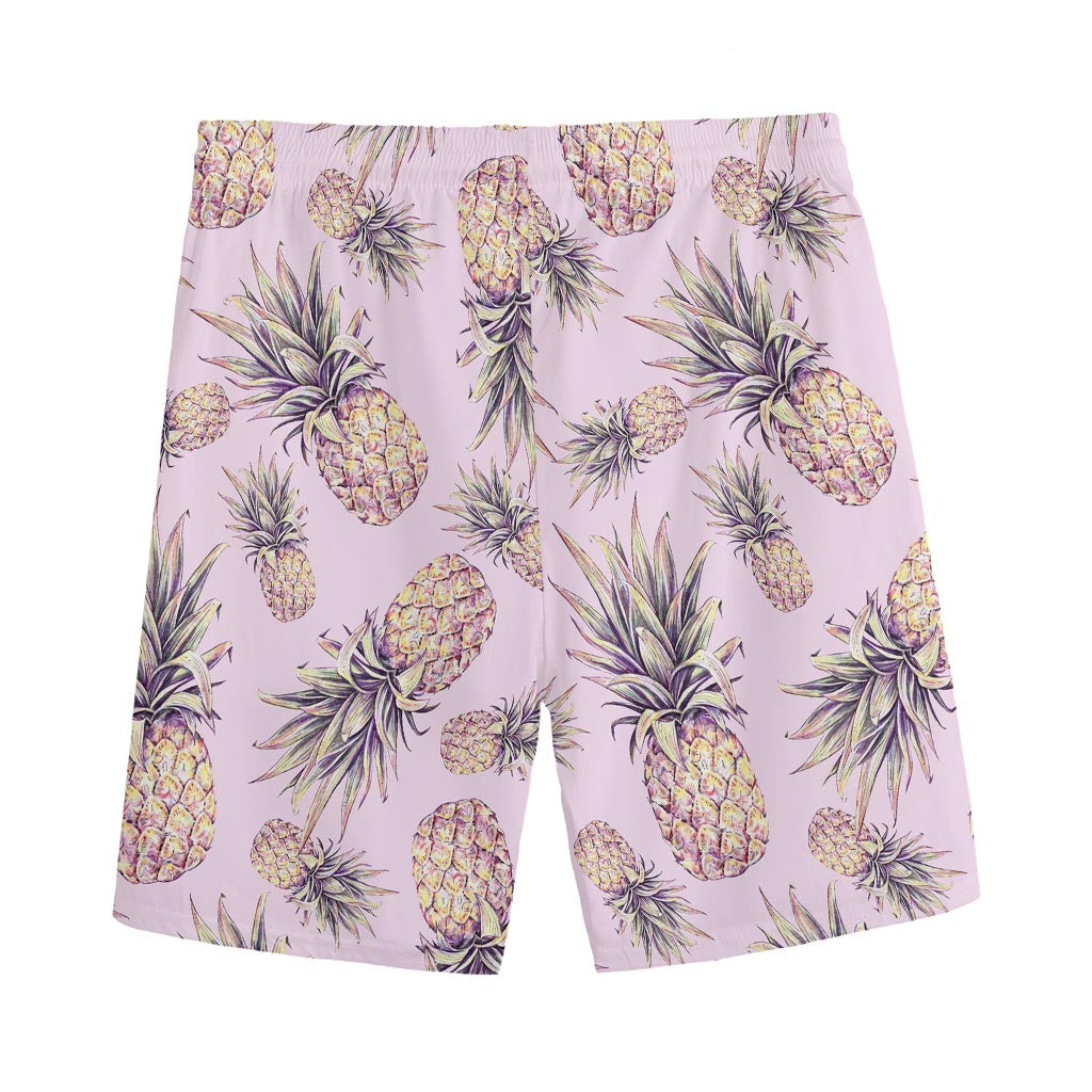 Pink Vintage Pineapple Pattern Print Men's Sports Shorts