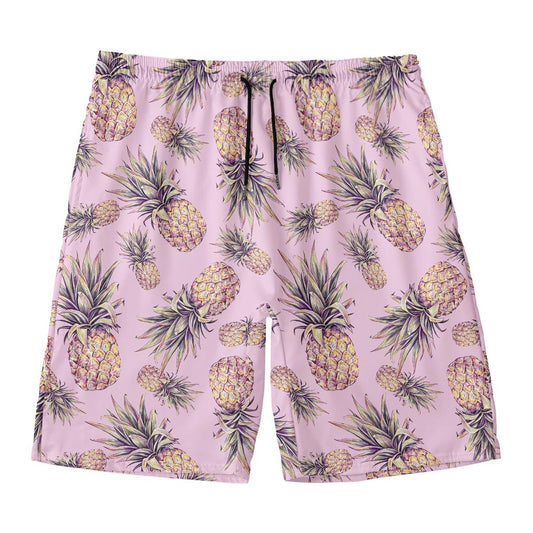 Pink Vintage Pineapple Pattern Print Men's Swim Trunks