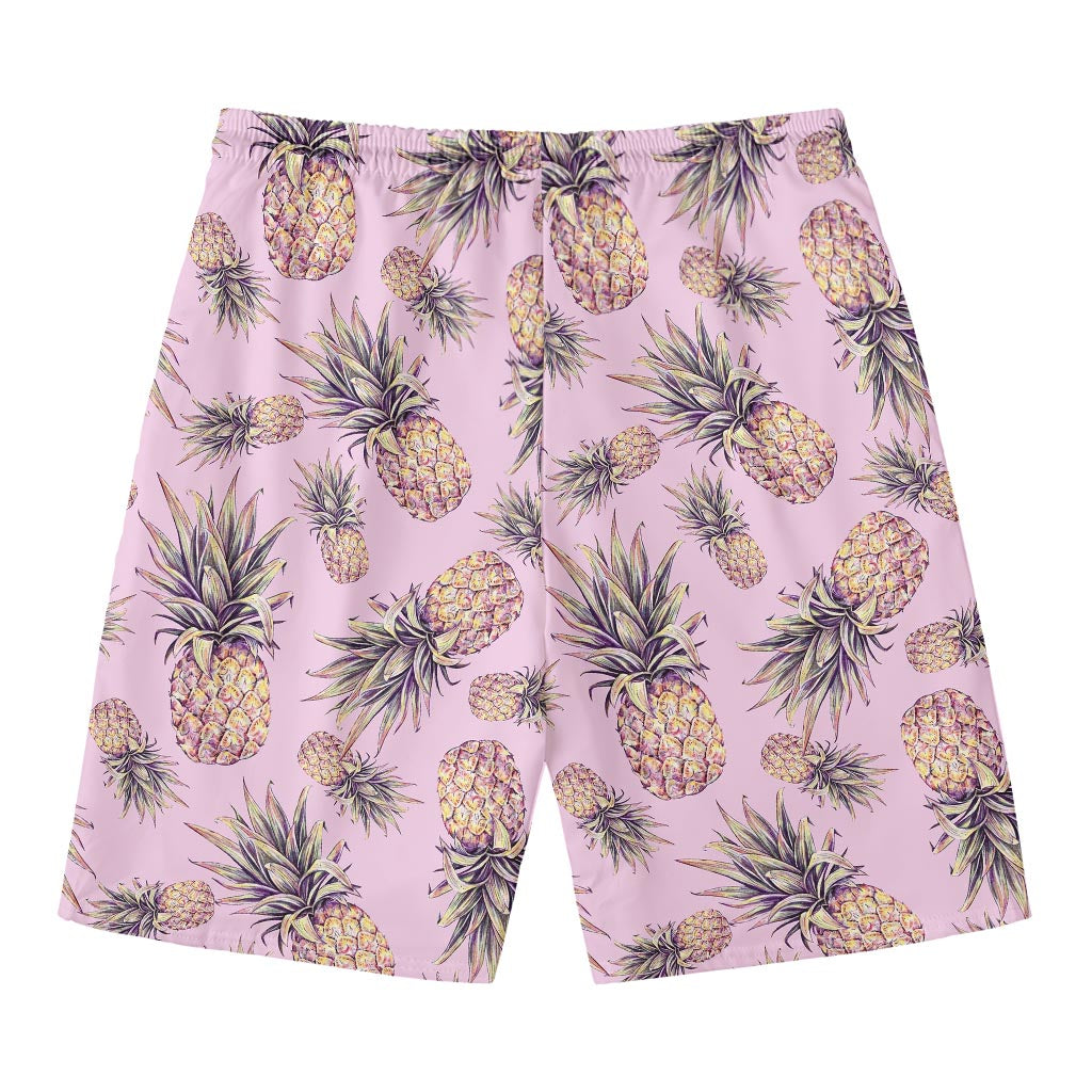 Pink Vintage Pineapple Pattern Print Men's Swim Trunks