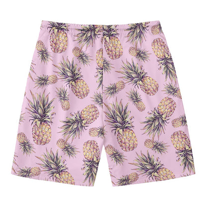 Pink Vintage Pineapple Pattern Print Men's Swim Trunks