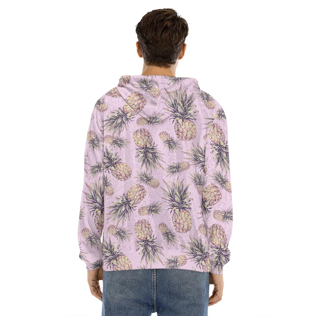 Pink Vintage Pineapple Pattern Print Men's Velvet Pullover Hoodie
