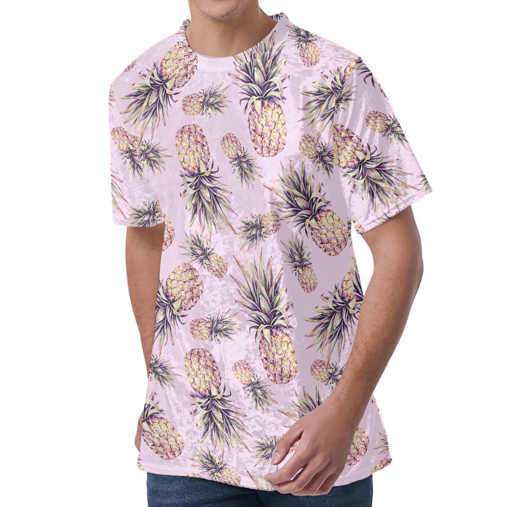 Pink Vintage Pineapple Pattern Print Men's Velvet T-Shirt