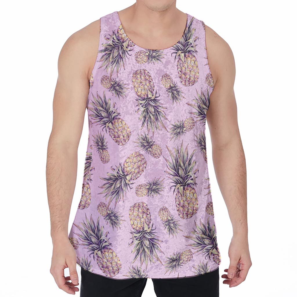 Pink Vintage Pineapple Pattern Print Men's Velvet Tank Top