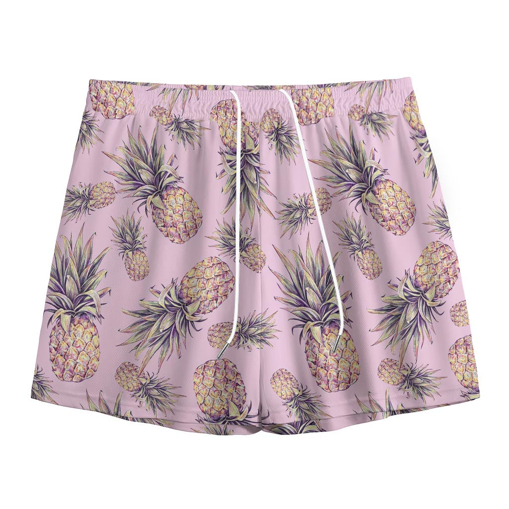 Pink Vintage Pineapple Pattern Print Mesh Shorts