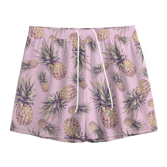 Pink Vintage Pineapple Pattern Print Mesh Shorts