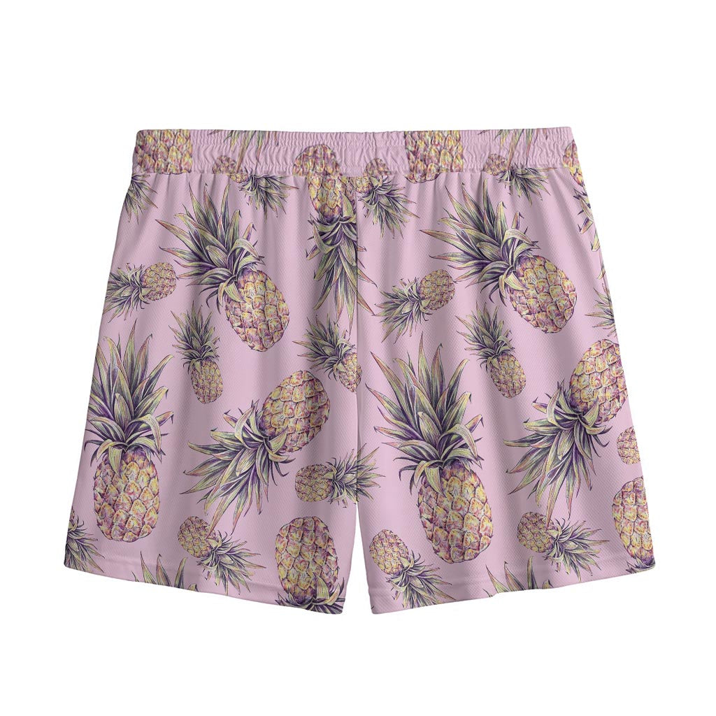 Pink Vintage Pineapple Pattern Print Mesh Shorts