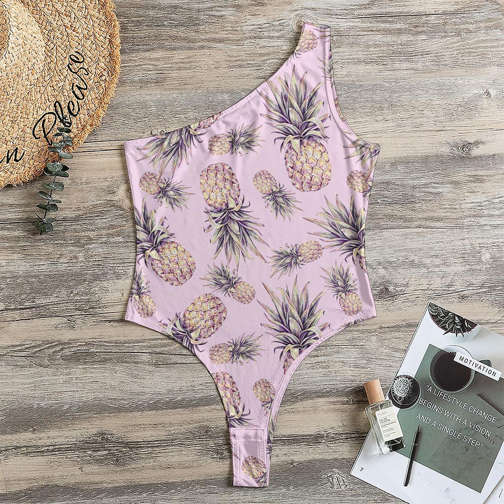 Pink Vintage Pineapple Pattern Print One Shoulder Bodysuit
