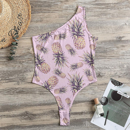 Pink Vintage Pineapple Pattern Print One Shoulder Bodysuit