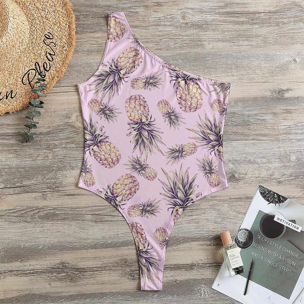 Pink Vintage Pineapple Pattern Print One Shoulder Bodysuit