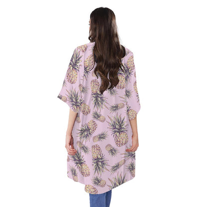 Pink Vintage Pineapple Pattern Print Open Front Beach Cover Up
