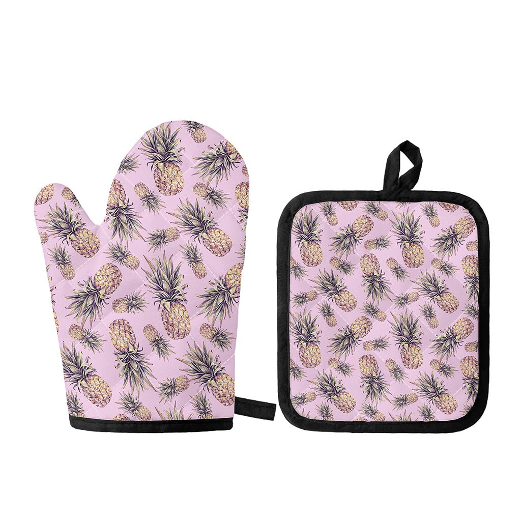 Pink Vintage Pineapple Pattern Print Oven Mitt And Pot Holder Set