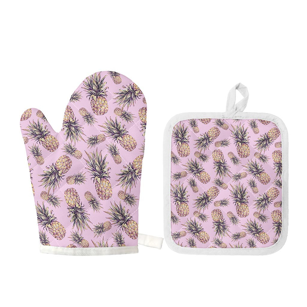 Pink Vintage Pineapple Pattern Print Oven Mitt And Pot Holder Set
