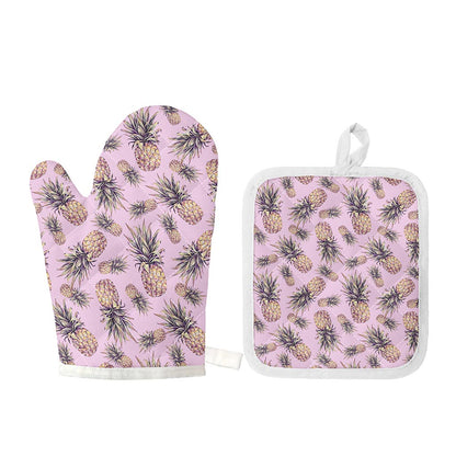 Pink Vintage Pineapple Pattern Print Oven Mitt And Pot Holder Set