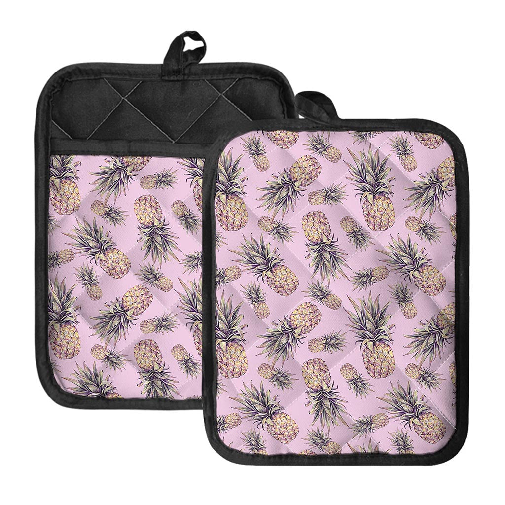 Pink Vintage Pineapple Pattern Print Pot Holders With Pocket