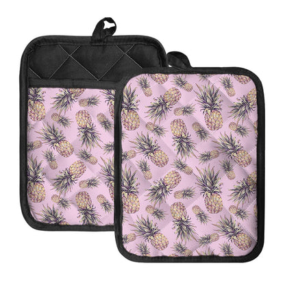 Pink Vintage Pineapple Pattern Print Pot Holders With Pocket
