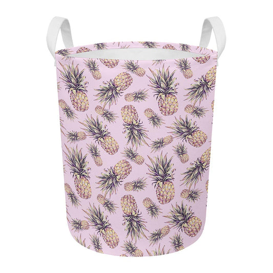 Pink Vintage Pineapple Pattern Print Round Laundry Basket