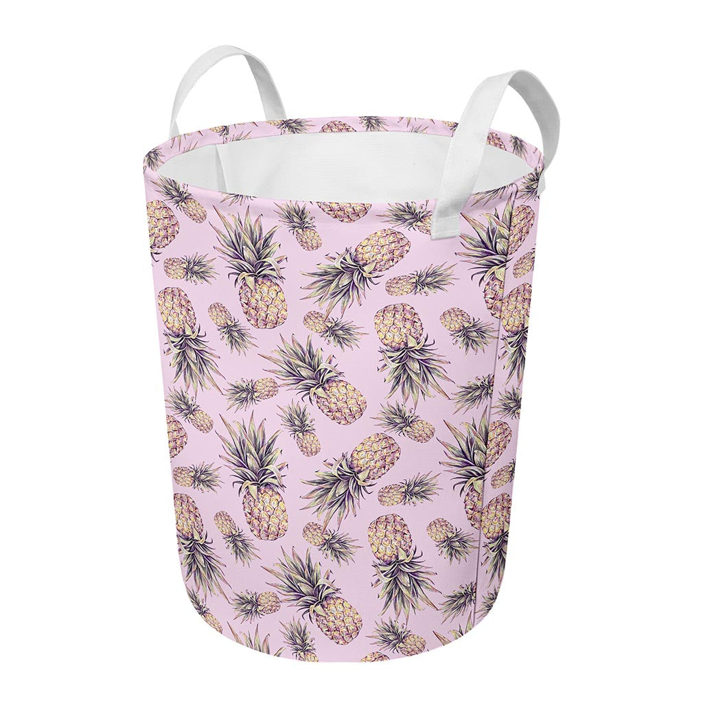 Pink Vintage Pineapple Pattern Print Round Laundry Basket