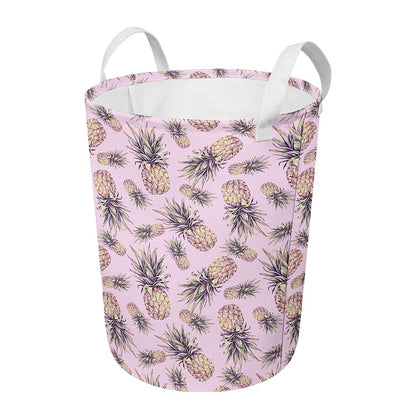 Pink Vintage Pineapple Pattern Print Round Laundry Basket