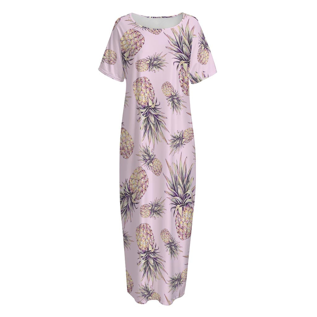 Pink Vintage Pineapple Pattern Print Short Sleeve Long Nightdress