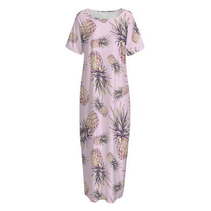 Pink Vintage Pineapple Pattern Print Short Sleeve Long Nightdress