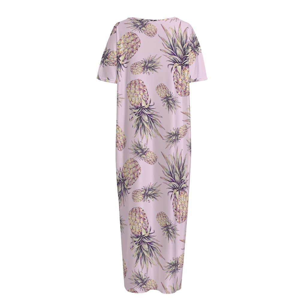Pink Vintage Pineapple Pattern Print Short Sleeve Long Nightdress