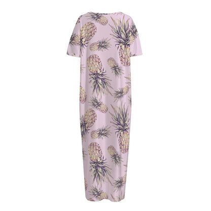 Pink Vintage Pineapple Pattern Print Short Sleeve Long Nightdress