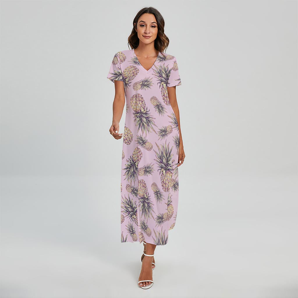 Pink Vintage Pineapple Pattern Print Short Sleeve Maxi Dress