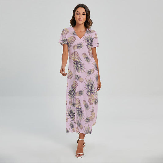 Pink Vintage Pineapple Pattern Print Short Sleeve Maxi Dress