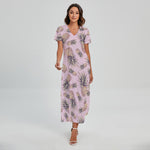 Pink Vintage Pineapple Pattern Print Short Sleeve Maxi Dress
