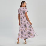 Pink Vintage Pineapple Pattern Print Short Sleeve Maxi Dress
