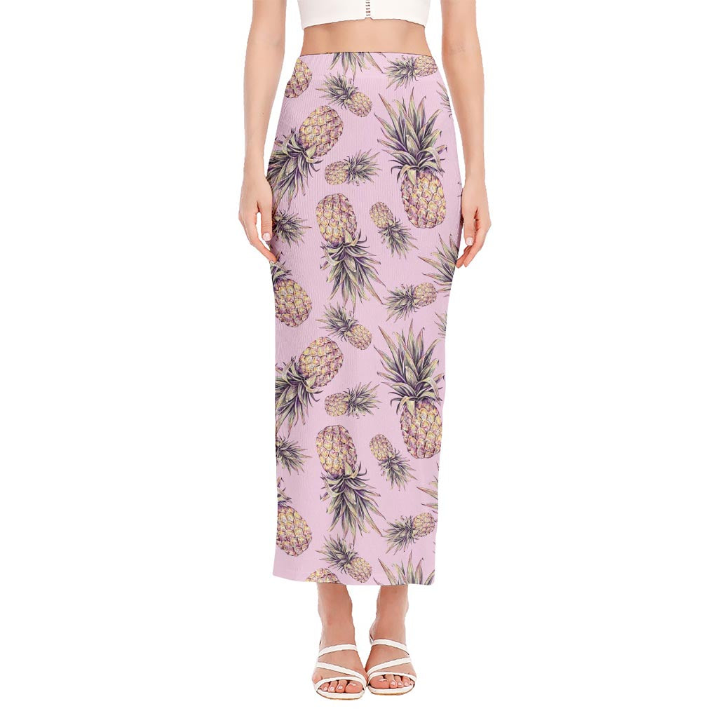 Pink Vintage Pineapple Pattern Print Side Slit Maxi Skirt